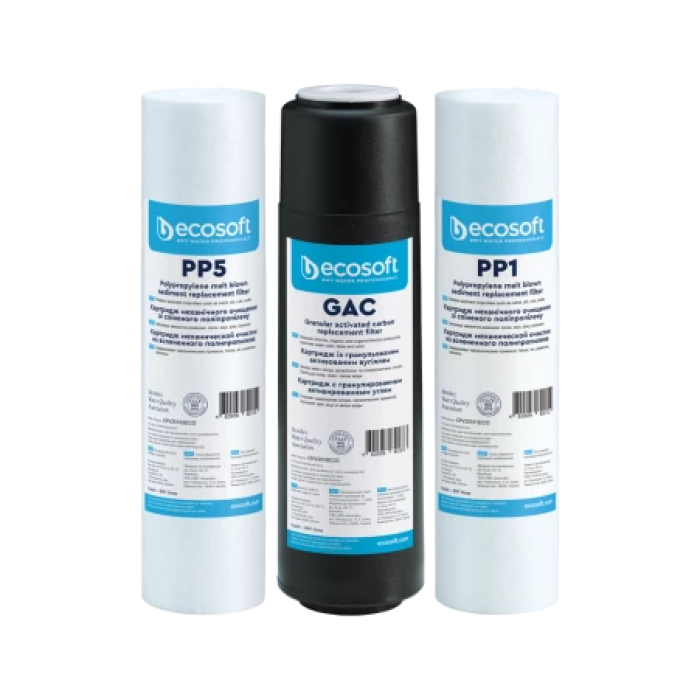 A set of Ecosoft 1-2-3 cartridges for reverse osmosis filters